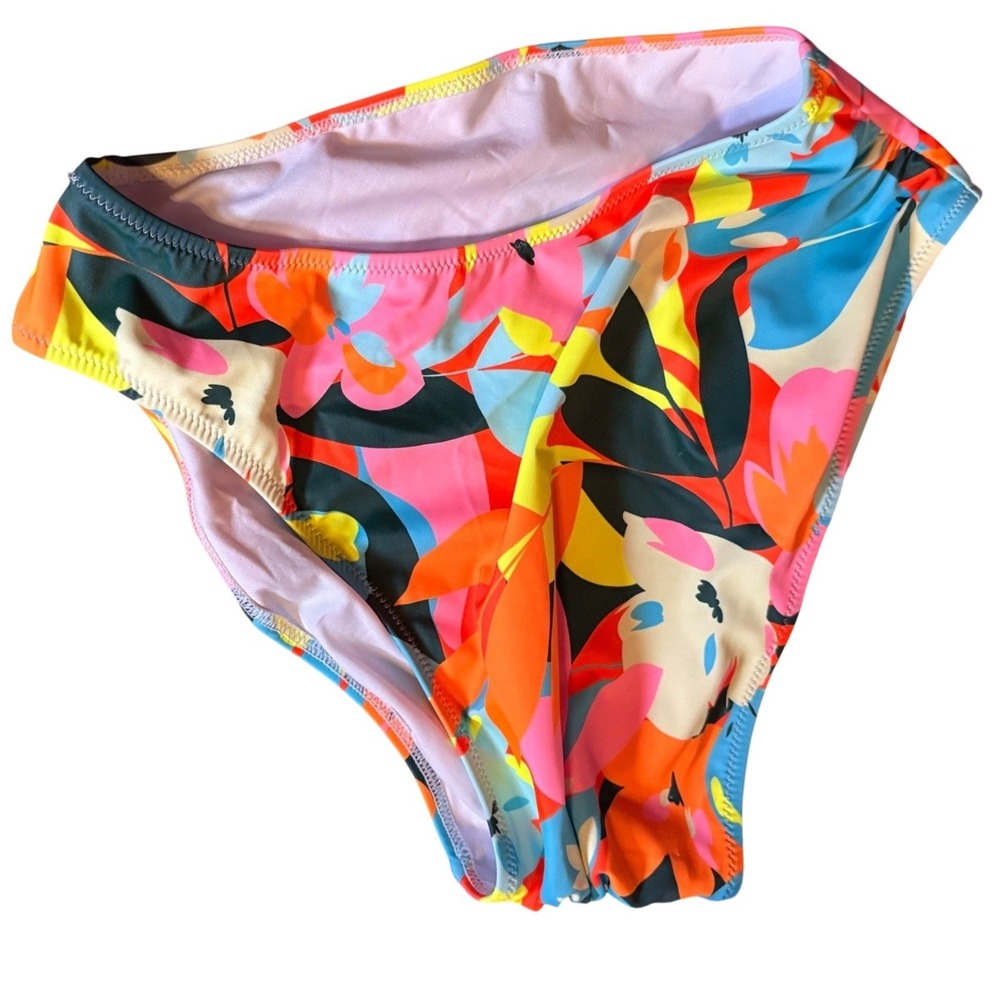 POPVIL Floral Bikini High Waisted Bottom's Floral Neon Ruched S Multicolor